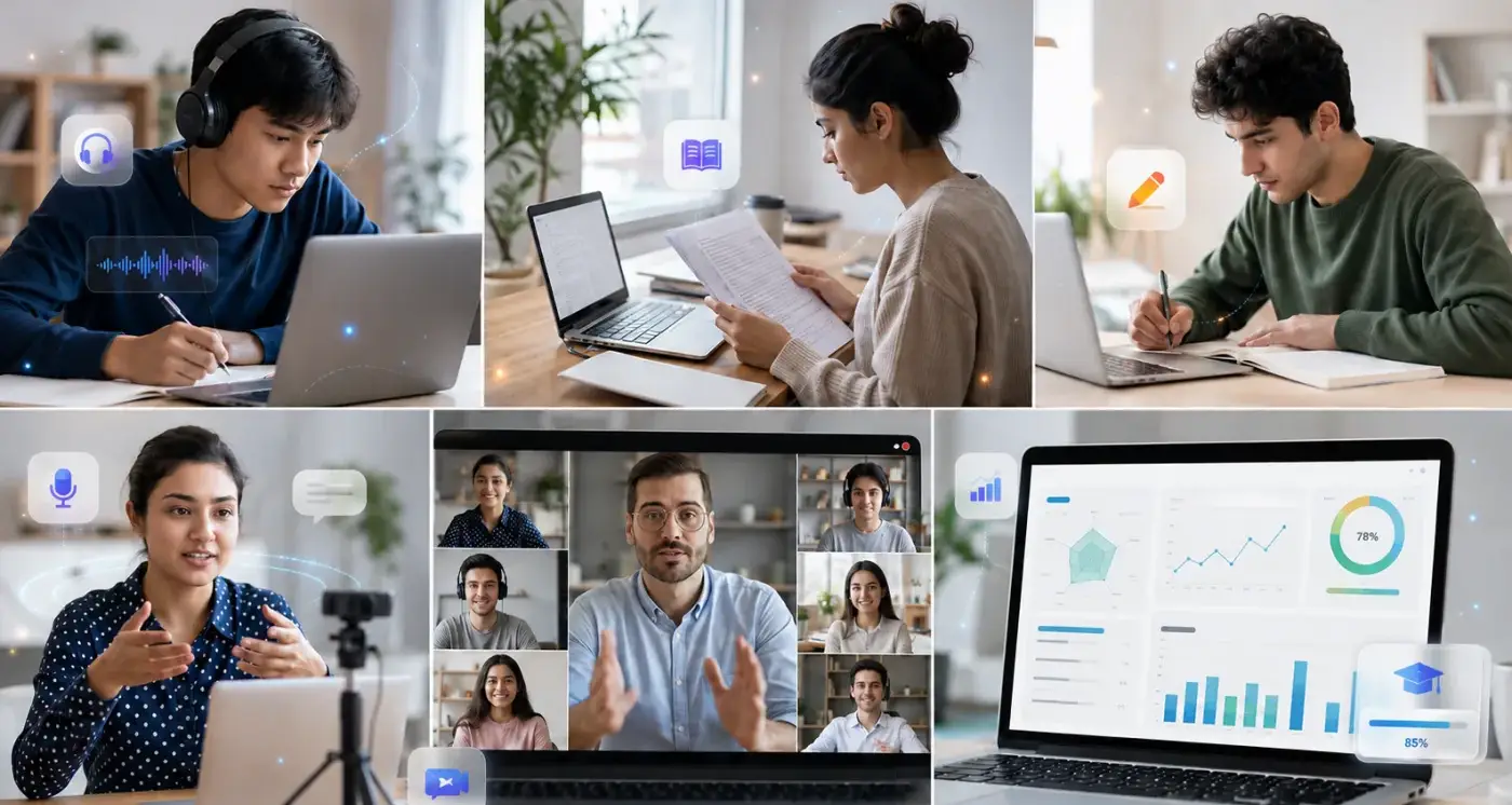Students and teachers using IntelliDu for IELTS practice, live classes, and progress tracking